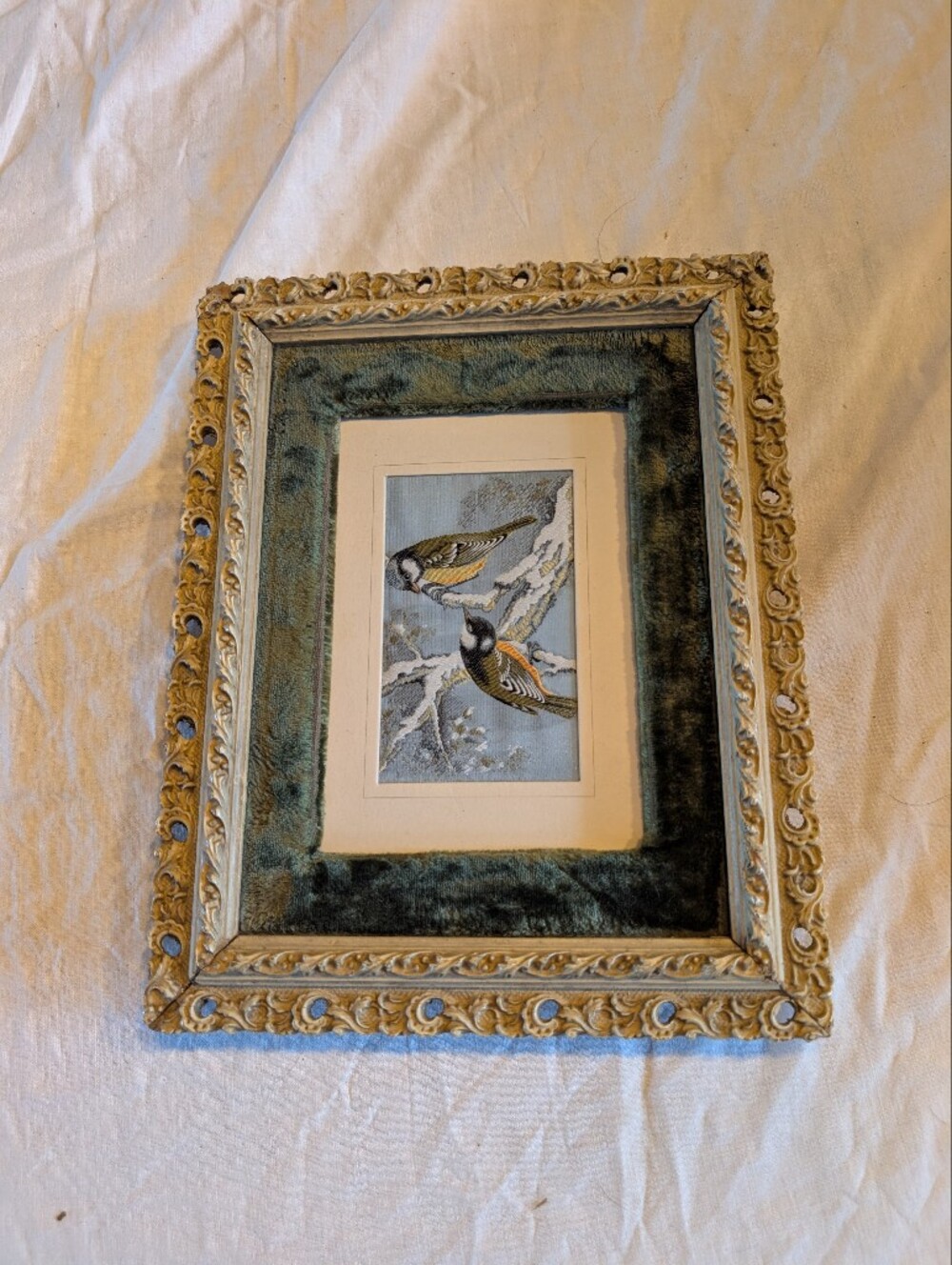 2/120$ Vintage Green Velvet-Matted Framed Bird tapestry